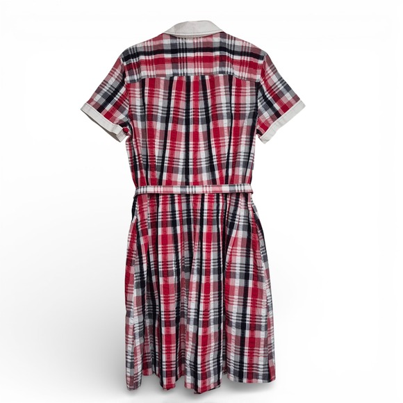 Brooks Brothers Womens Sz 12 Red Plaid Shirt Dress White Contrast Collar Belted - Picture 5 of 9